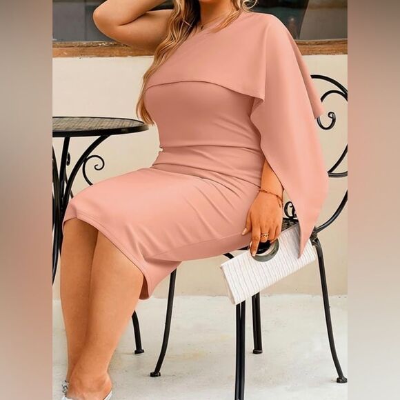 Asymmetrical sleeved pinkish nude bodycon midi dress NWOT - Picture 3 of 9